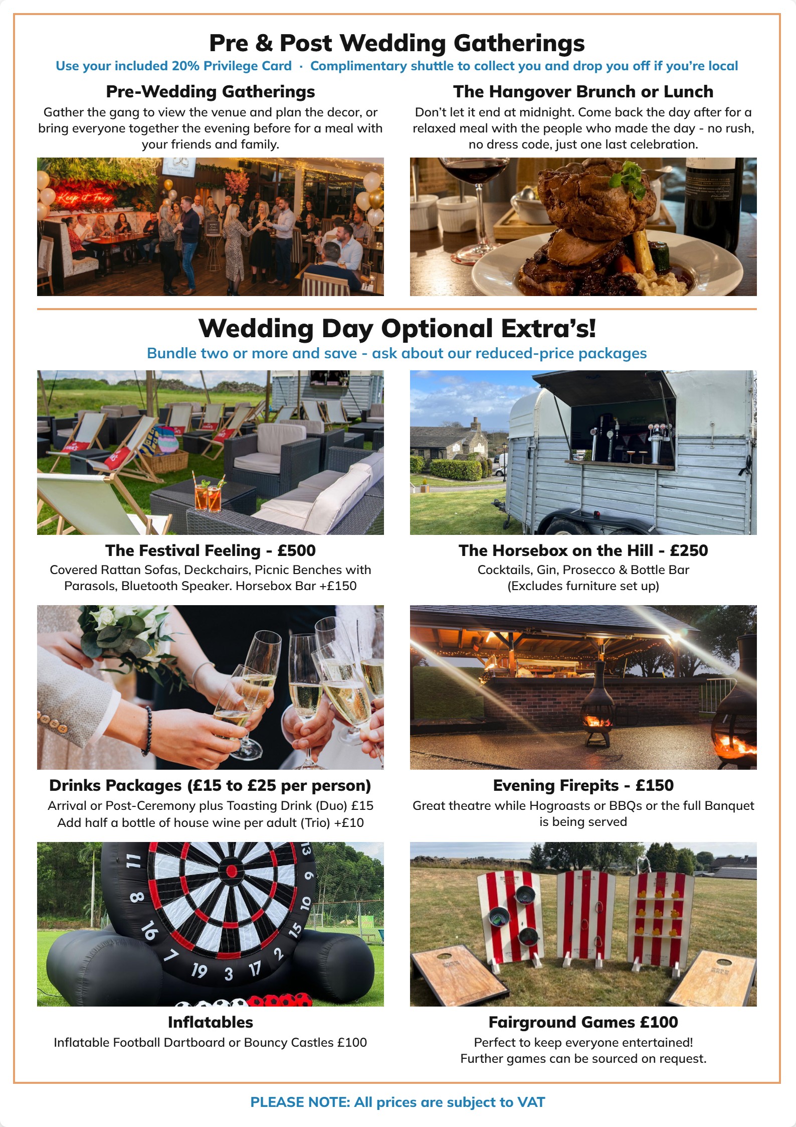 Wedding Day Optional Extras and Pre & Post Wedding Gatherings